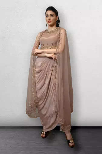 Mauve Crop Top with Drape Skirt and Cape