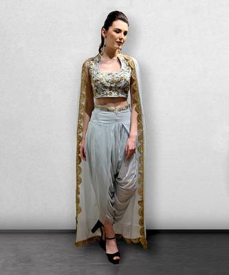 Powder Blue Crop Top with Detachable Cape and Dhoti Pants 1