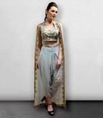 Powder Blue Crop Top with Detachable Cape and Dhoti Pants