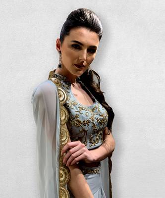 Powder Blue Crop Top with Detachable Cape and Dhoti Pants 2