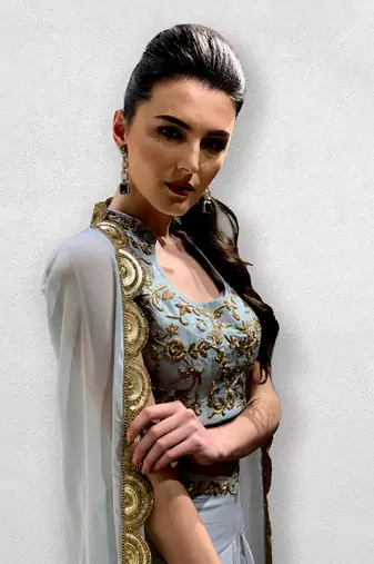 Powder Blue Crop Top with Detachable Cape and Dhoti Pants