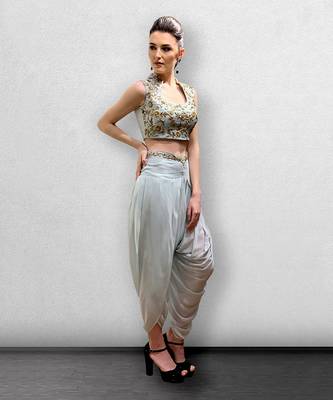 Powder Blue Crop Top with Detachable Cape and Dhoti Pants 4