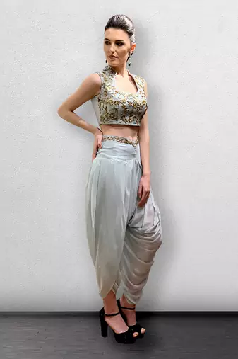 Powder Blue Crop Top with Detachable Cape and Dhoti Pants