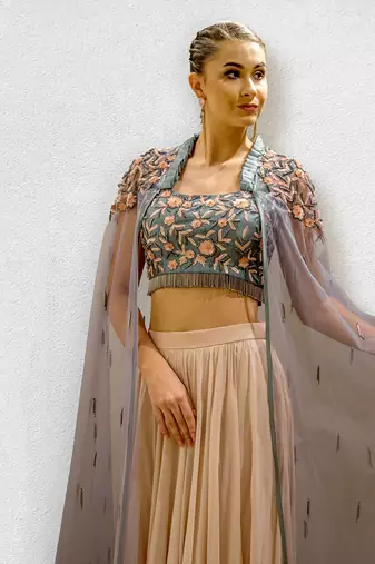 Grey Crop Top Skirt and Cape