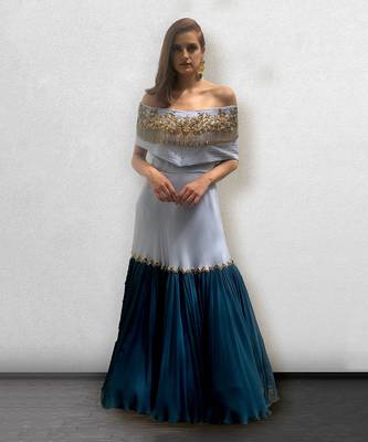 Grey and Teal Blue off Shoulder Gown 1