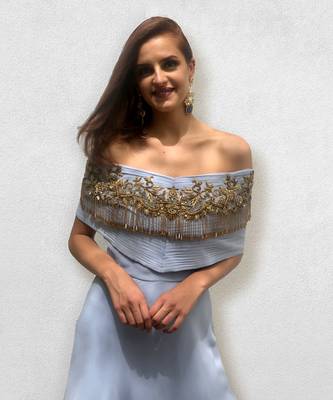 Grey and Teal Blue off Shoulder Gown 2