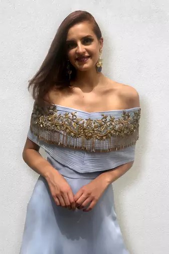 Grey and Teal Blue off Shoulder Gown