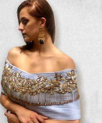 Grey and Teal Blue off Shoulder Gown 3