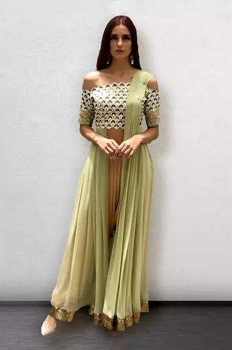 Peach and Mint Green Dhoti Salwar offshoulder Top