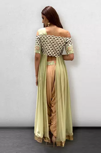Peach and Mint Green Dhoti Salwar offshoulder Top
