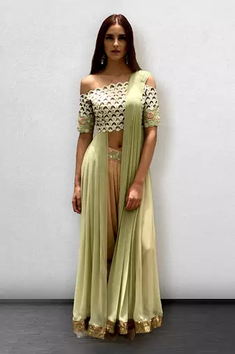 Peach and Mint Green Dhoti Salwar offshoulder Top