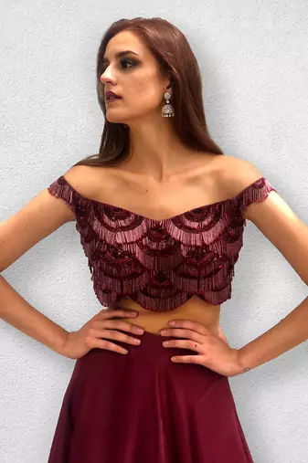 Wine colored off shoulder Top and Skirt