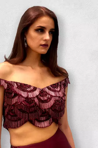 Wine colored off shoulder Top and Skirt