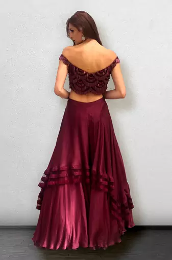 Wine colored off shoulder Top and Skirt