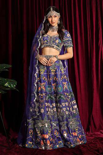 Purple Printed Heavy Lehenga With Mirror Embroidery
