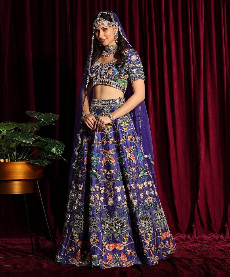 Purple Printed Heavy Lehenga With Mirror Embroidery