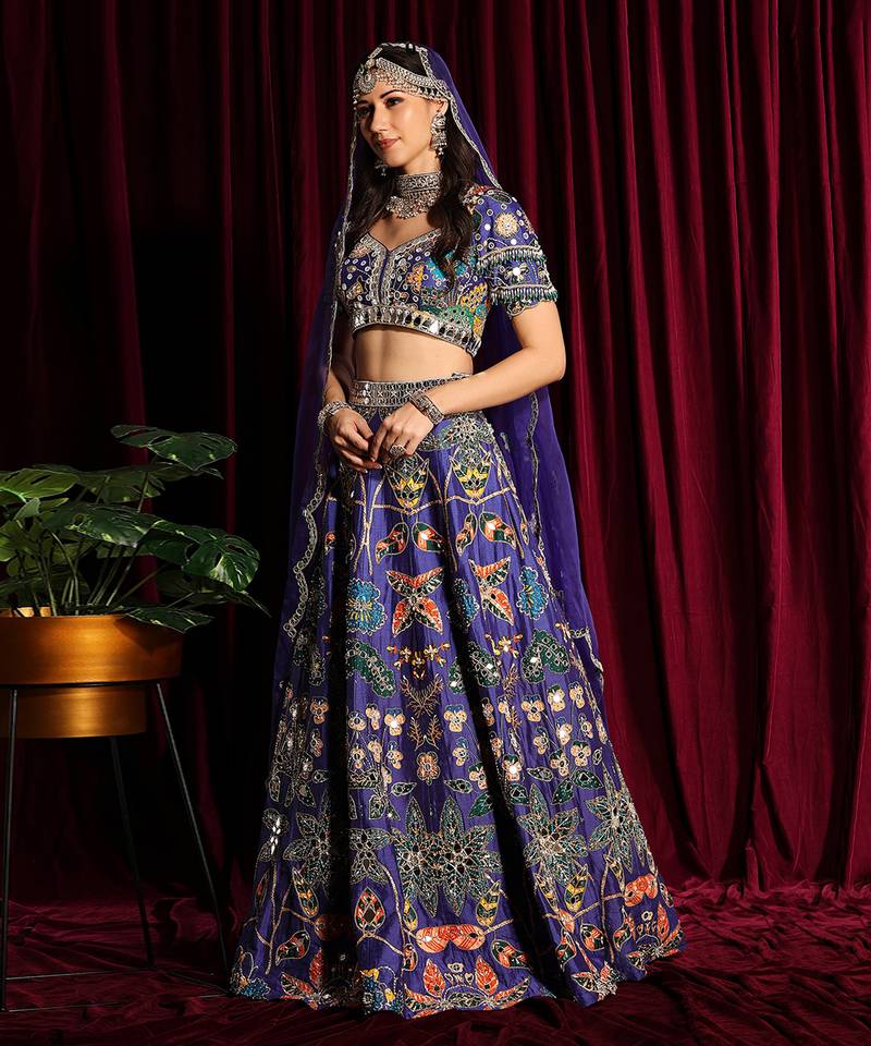 Purple Printed Heavy Lehenga With Mirror Embroidery