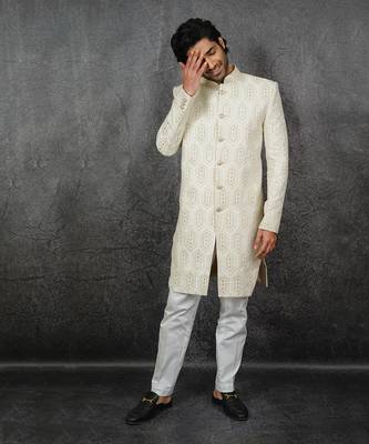 White Embroidered Indowestern Sherwani 3