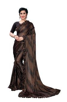 Brown Printed Lycra Saree With Blouse
