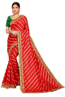 Red embroidered silk blend saree with blouse 1