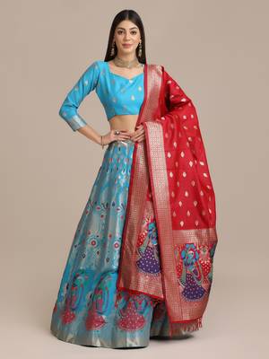 Sky Blue Jacquard Zari Woven Work Semi Stitched Lehenga Choli With Dupatta 1