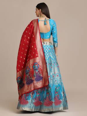 Sky Blue Jacquard Zari Woven Work Semi Stitched Lehenga Choli With Dupatta 2