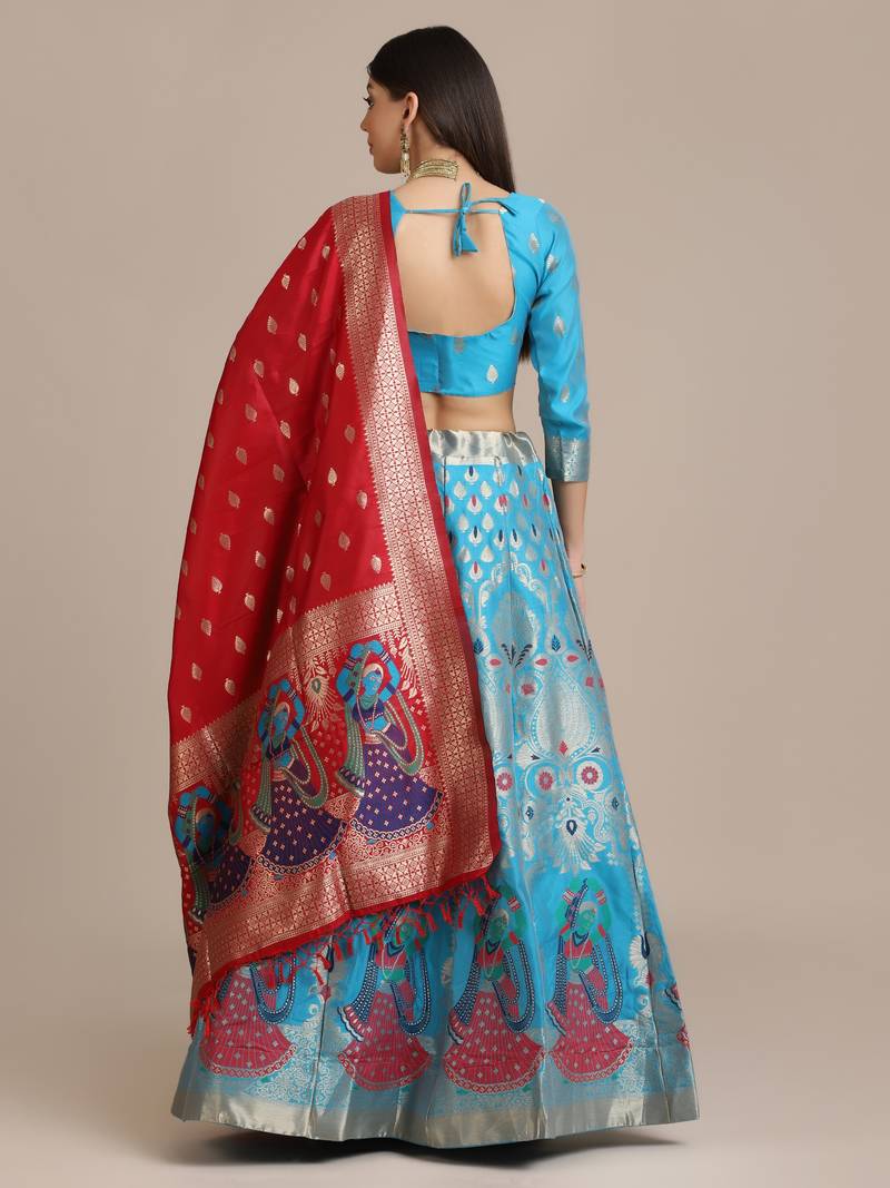 Sky Blue Jacquard Zari Woven Work Semi Stitched Lehenga Choli With Dupatta