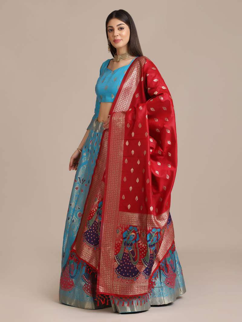 Sky Blue Jacquard Zari Woven Work Semi Stitched Lehenga Choli With Dupatta