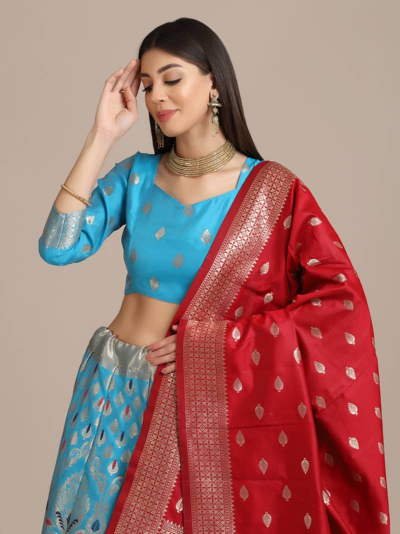 Sky Blue Jacquard Zari Woven Work Semi Stitched Lehenga Choli With Dupatta