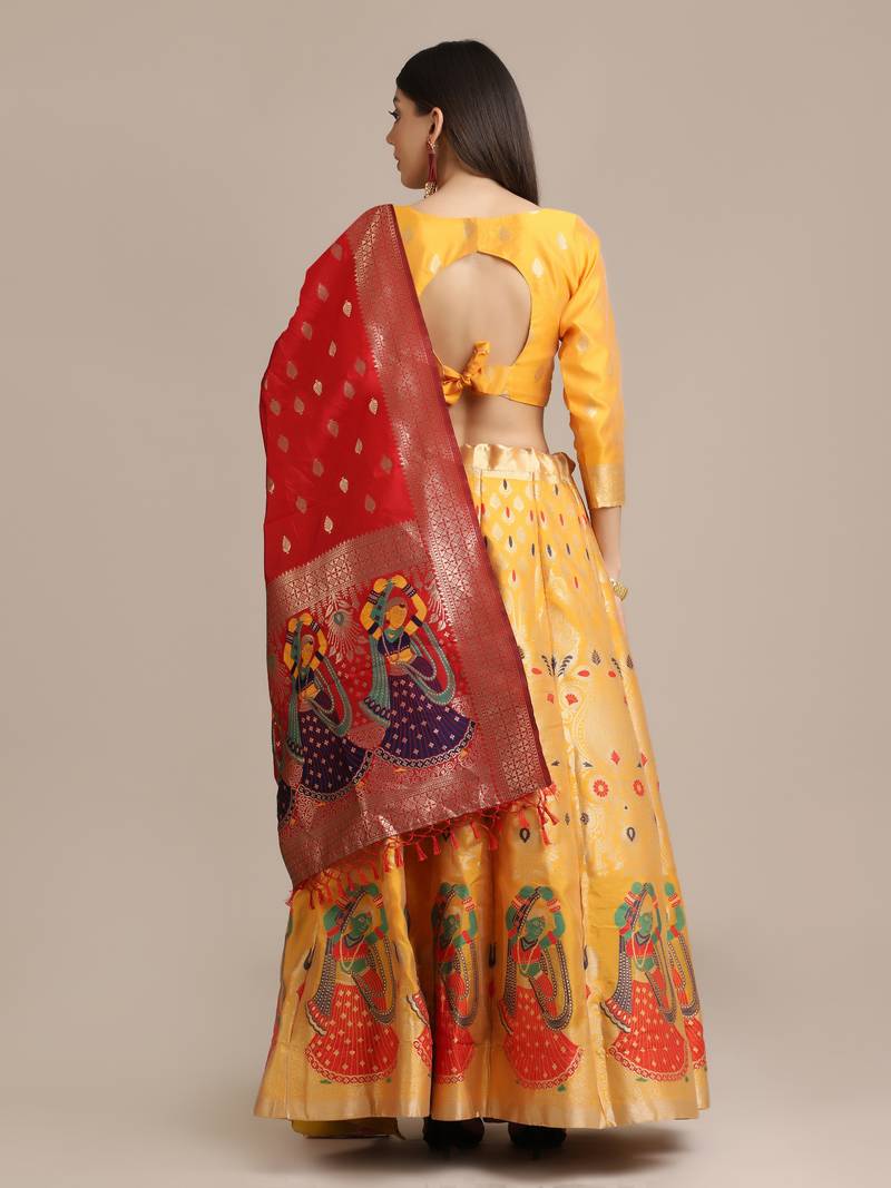 Yellow Jacquard Zari Woven Work Semi Stitched Lehenga Choli With Dupatta
