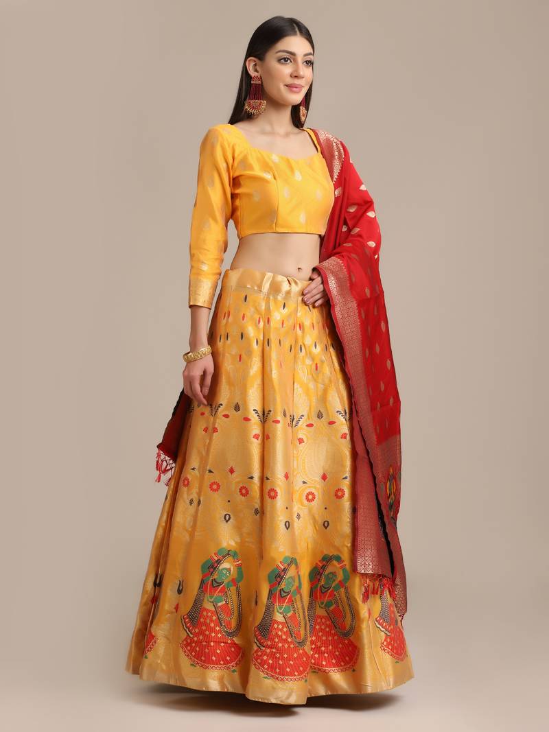 Yellow Jacquard Zari Woven Work Semi Stitched Lehenga Choli With Dupatta