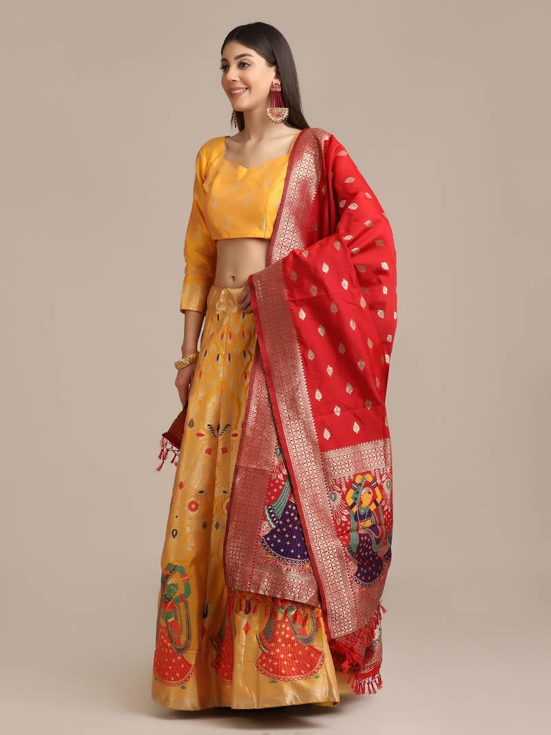 Yellow Jacquard Zari Woven Work Semi Stitched Lehenga Choli With Dupatta