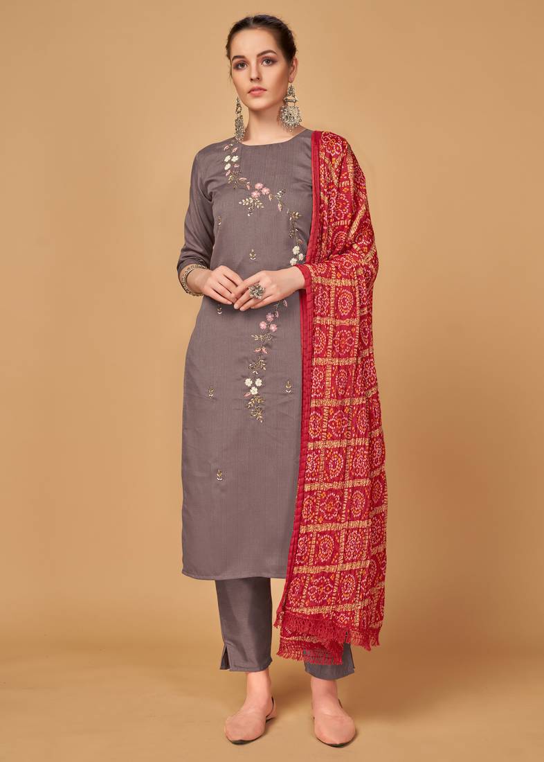 Light-burgundy embroidered silk blend salwar