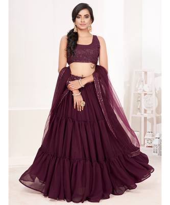 Purple Embroidered semi stitched Lehenga & unstitched blouse with dupatta 1