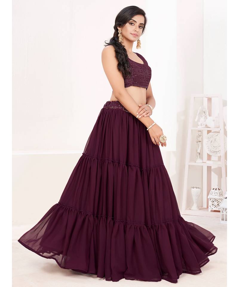 Purple Embroidered semi stitched Lehenga & unstitched blouse with dupatta