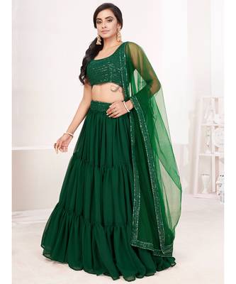 Green Embroidered semi stitched Lehenga & unstitched blouse with dupatta 3