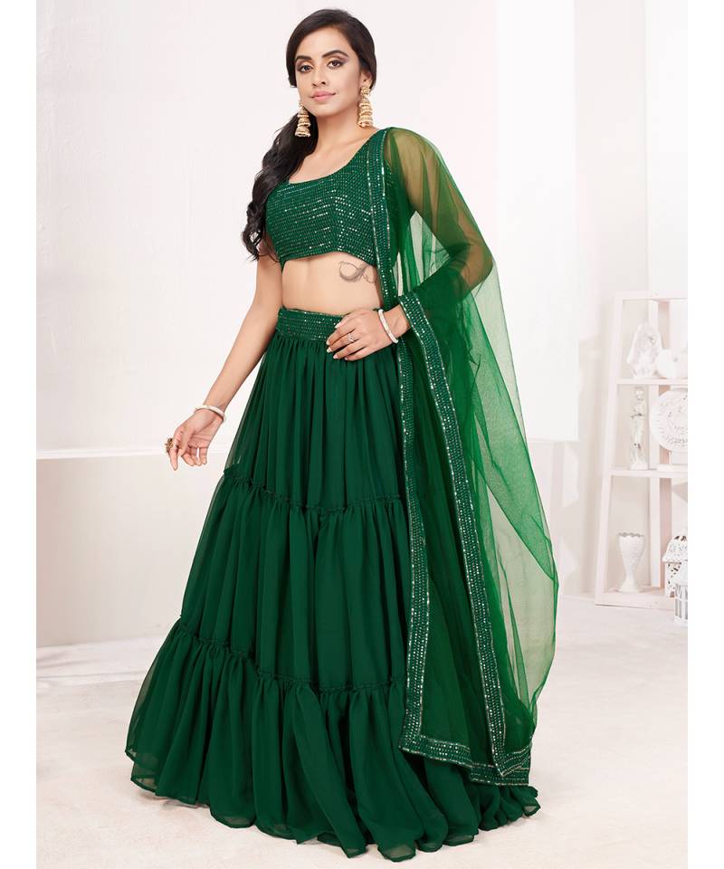 Green Embroidered semi stitched Lehenga & unstitched blouse with dupatta