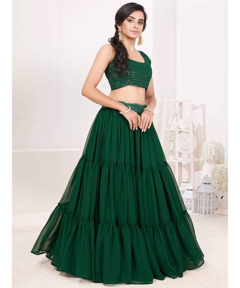 Green Embroidered semi stitched Lehenga & unstitched blouse with dupatta