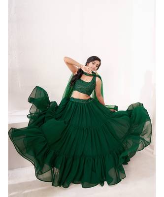 Green Embroidered semi stitched Lehenga & unstitched blouse with dupatta 5