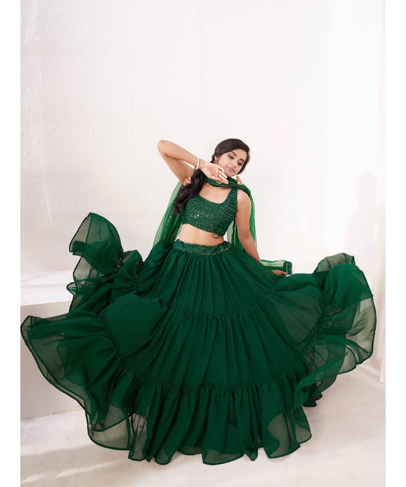 Green Embroidered semi stitched Lehenga & unstitched blouse with dupatta