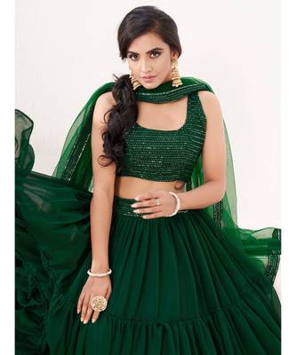 Green Embroidered semi stitched Lehenga & unstitched blouse with dupatta 6