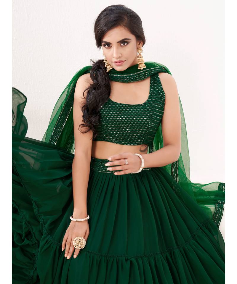 Green Embroidered semi stitched Lehenga & unstitched blouse with dupatta