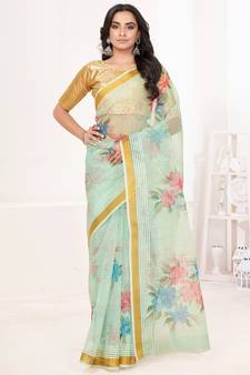 Pale Turquoise Floral Digital Printed Cotton Silk Saree