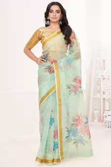 Pale Turquoise Floral Digital Printed Cotton Silk Saree