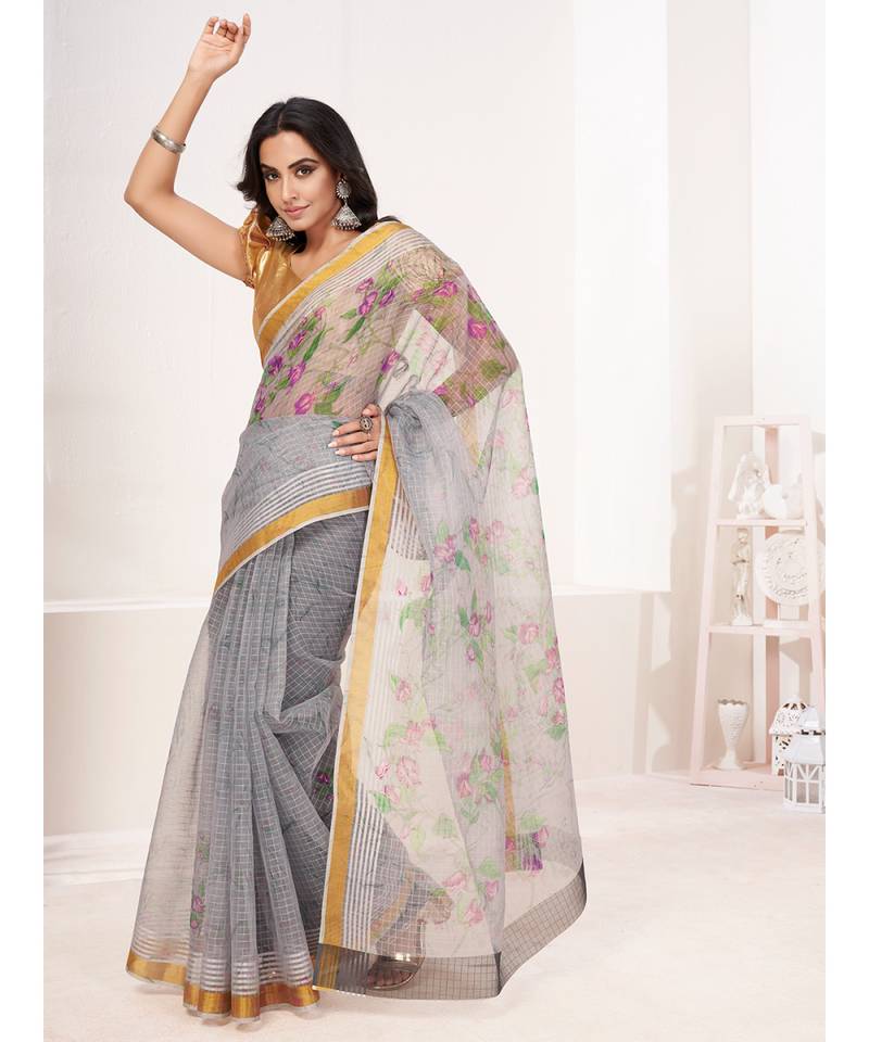 Steal Grey Floral Digital Printed Cotton Silk Saree