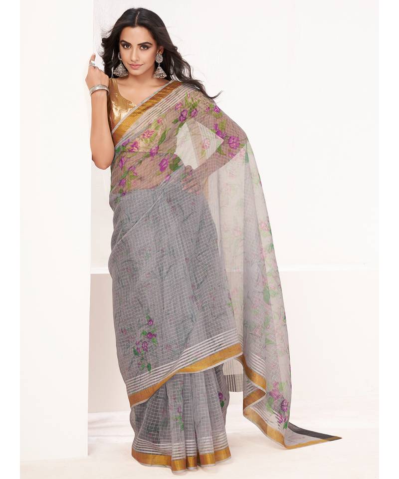 Steal Grey Floral Digital Printed Cotton Silk Saree