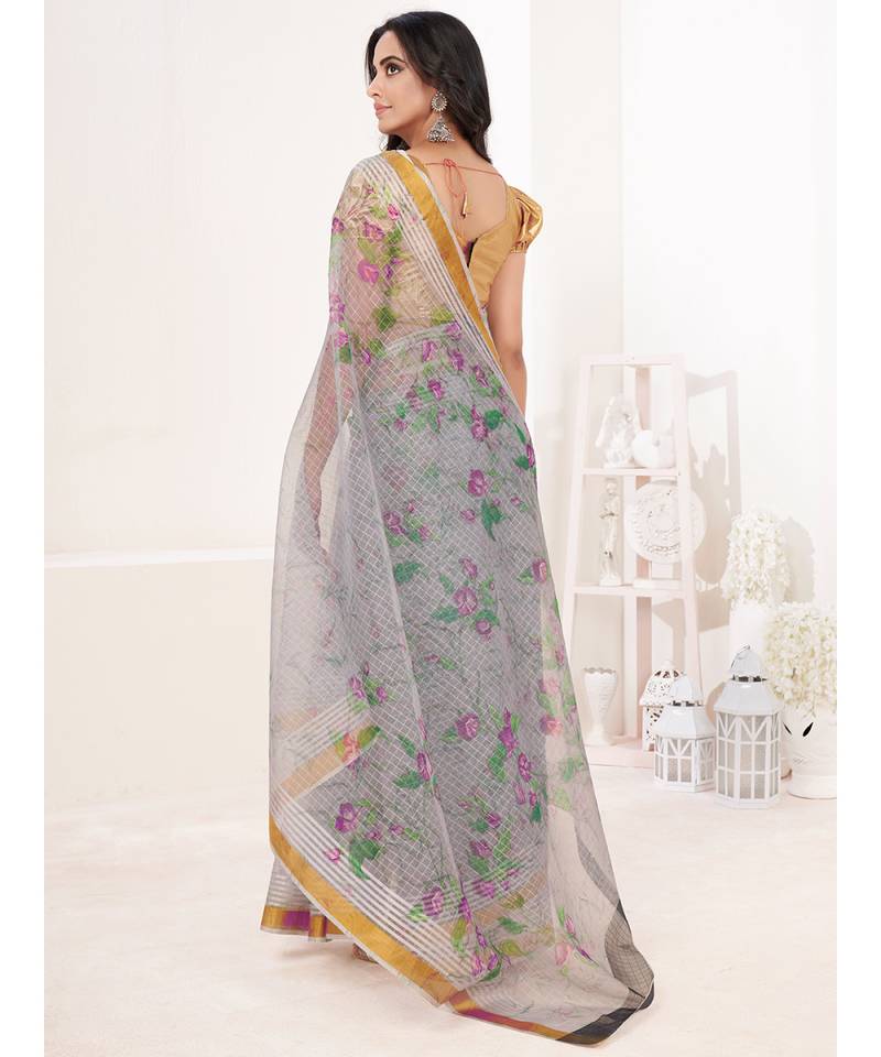 Steal Grey Floral Digital Printed Cotton Silk Saree
