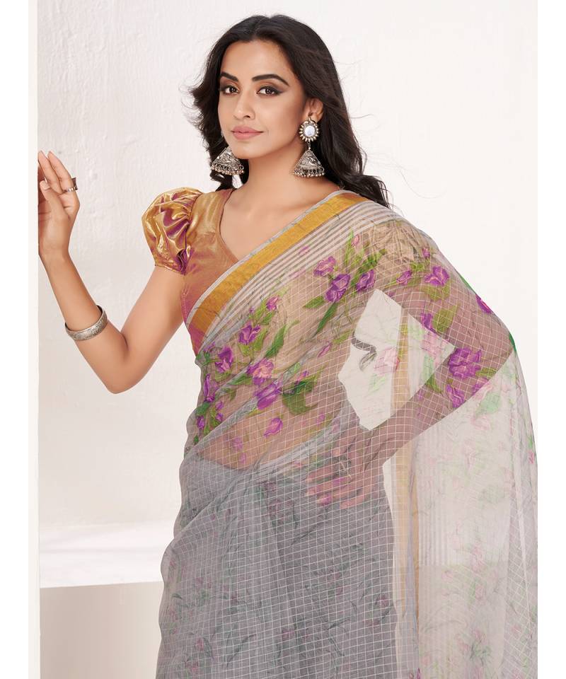 Steal Grey Floral Digital Printed Cotton Silk Saree