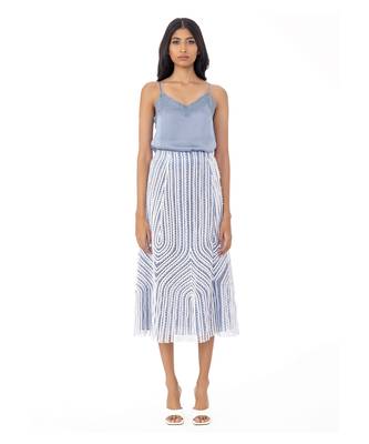 Blue A-Line Midi Skirt with Lace Trims 1