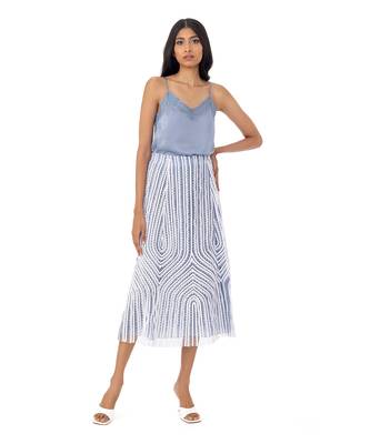 Blue A-Line Midi Skirt with Lace Trims 2
